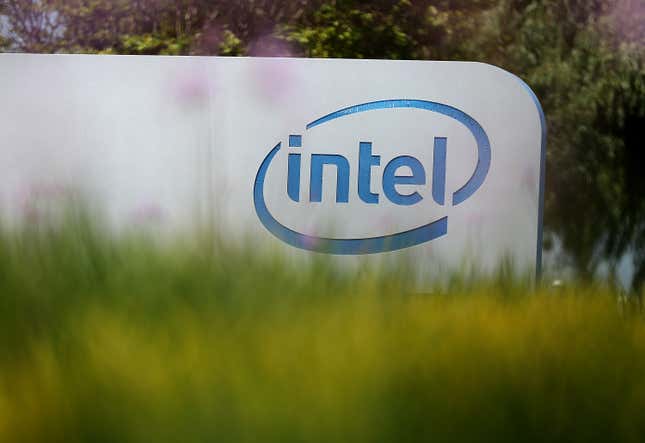 intel logo on sign with grass in forefront