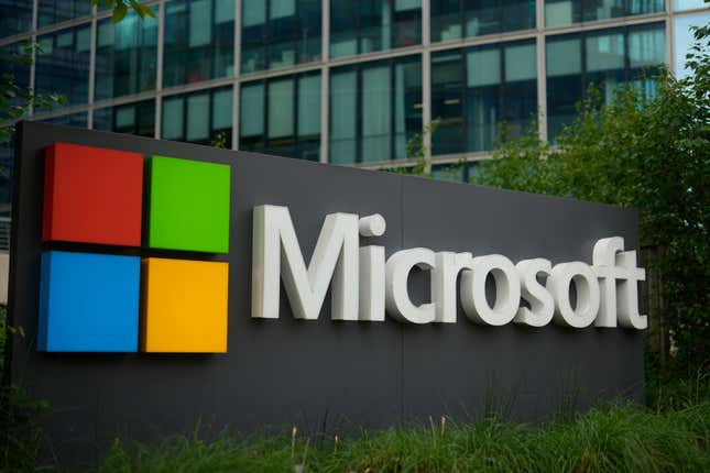 Microsoft logo is displayed outside its French headquarters
