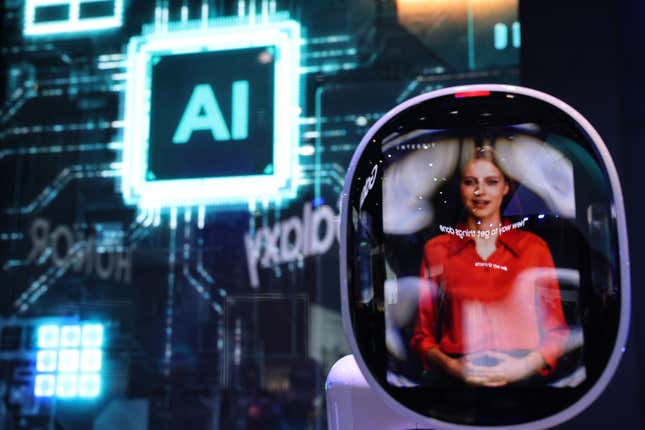 V.Stella AI-powered assistant on display with a neon blue AI sign behind it