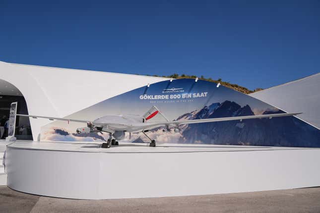 BAYKAR, a private Turkish defense company specializing in UAVs, C4I and artificial intelligence, exhibits Bayraktar TB2 Unmanned Combat Aerial Vehicle (UCAV) during the exhibition of technologies, including weapons and defense systems that will be used for the first time.